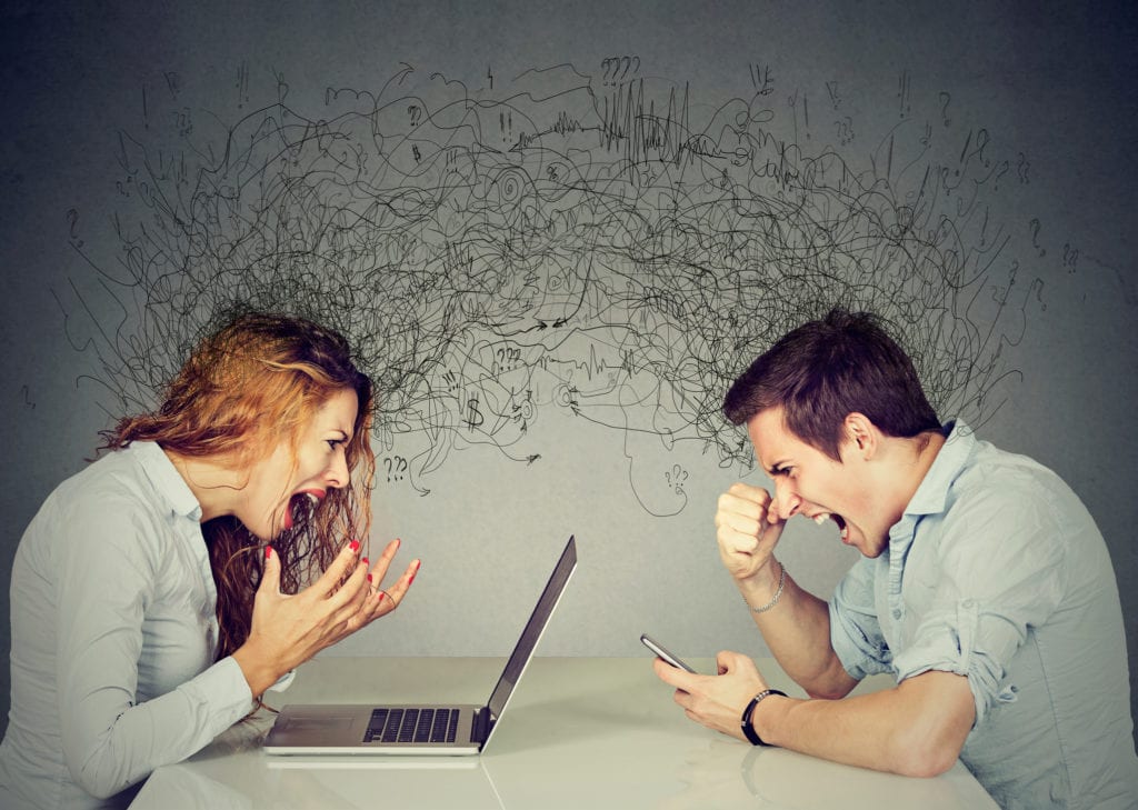 Stressed Woman Screaming At Laptop Across Angry Man Shouting At Mobile Phone Exchanging With Clutter Of Negative Thoughts